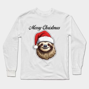 Sloth Wearing Santa Hat - Merry Christmas (Black Lettering) Long Sleeve T-Shirt